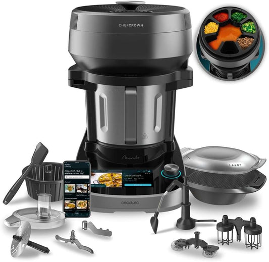 Cecotec Robot de Cozinha Multifuncional com Dosificador de Alimentos Mambo CooKing Unique. 2200 W, 45 Funções, Receitas Guiadas, Recipiente Único de 5L, Acessórios: Vaporizador ou Espátula para Ensopados