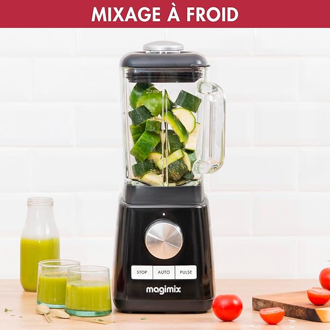 Magimix Blender Power Batedeira Profissional 4 - Liquidificador Elétrico, Processador, Batedeira para Smoothies, Robot Triturador Multifuncional - Copo de vidro - Preto