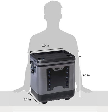 Geleira com rodas Evolution Outdoor, isolada e à prova de vazamentos, EVO Premium, com tampa moldada em ABS, 8 presilhas para acessórios e alça retrátil de 4 níveis.