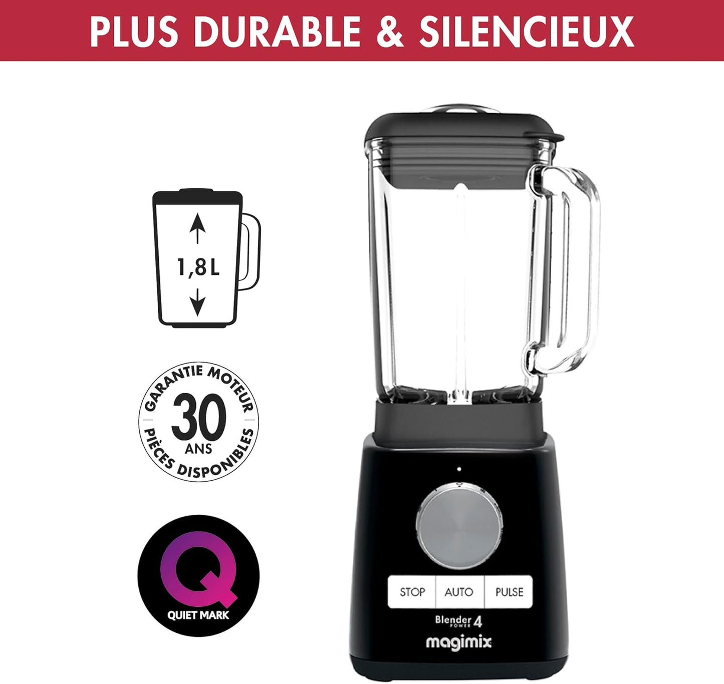 Magimix Blender Power Batedeira Profissional 4 - Liquidificador Elétrico, Processador, Batedeira para Smoothies, Robot Triturador Multifuncional - Copo de vidro - Preto