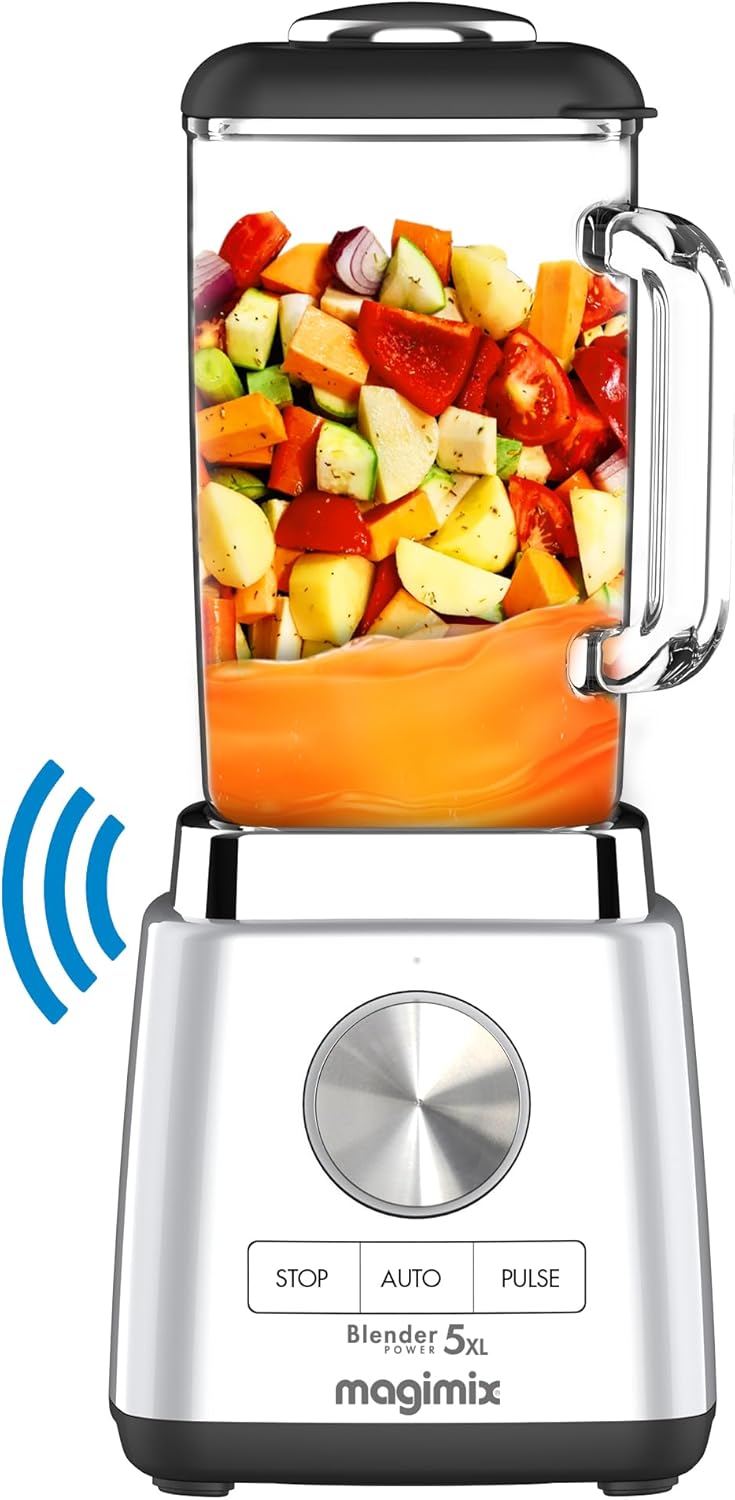 NOVO Magimix Blender Power Batidora Profissional 5XL Connect - Liquidificador Elétrico, Picador, Liquidificador para Smoothies, Liquidificador para Sopas, Liquidificador Picador Multifuncional - Jarra de vidro - Cromado