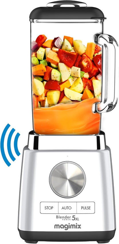 NOVO Magimix Blender Power Batidora Profissional 5XL Connect - Liquidificador Elétrico, Picador, Liquidificador para Smoothies, Liquidificador para Sopas, Liquidificador Picador Multifuncional - Jarra de vidro - Cromado