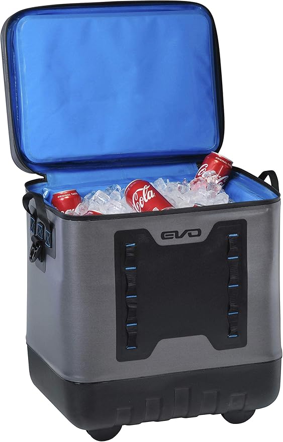Geleira com rodas Evolution Outdoor, isolada e à prova de vazamentos, EVO Premium, com tampa moldada em ABS, 8 presilhas para acessórios e alça retrátil de 4 níveis.
