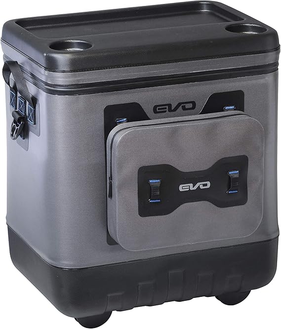 Geleira com rodas Evolution Outdoor, isolada e à prova de vazamentos, EVO Premium, com tampa moldada em ABS, 8 presilhas para acessórios e alça retrátil de 4 níveis.
